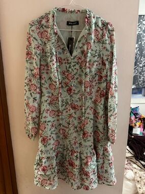 Allegra K Mint Green Floral Tie-Neck Blouse